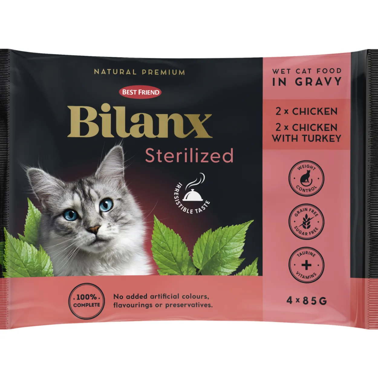Kissanruoka Best Friend 4 x 85 g Bilanx Sterilized kana & kalkkuna kastikkeessa