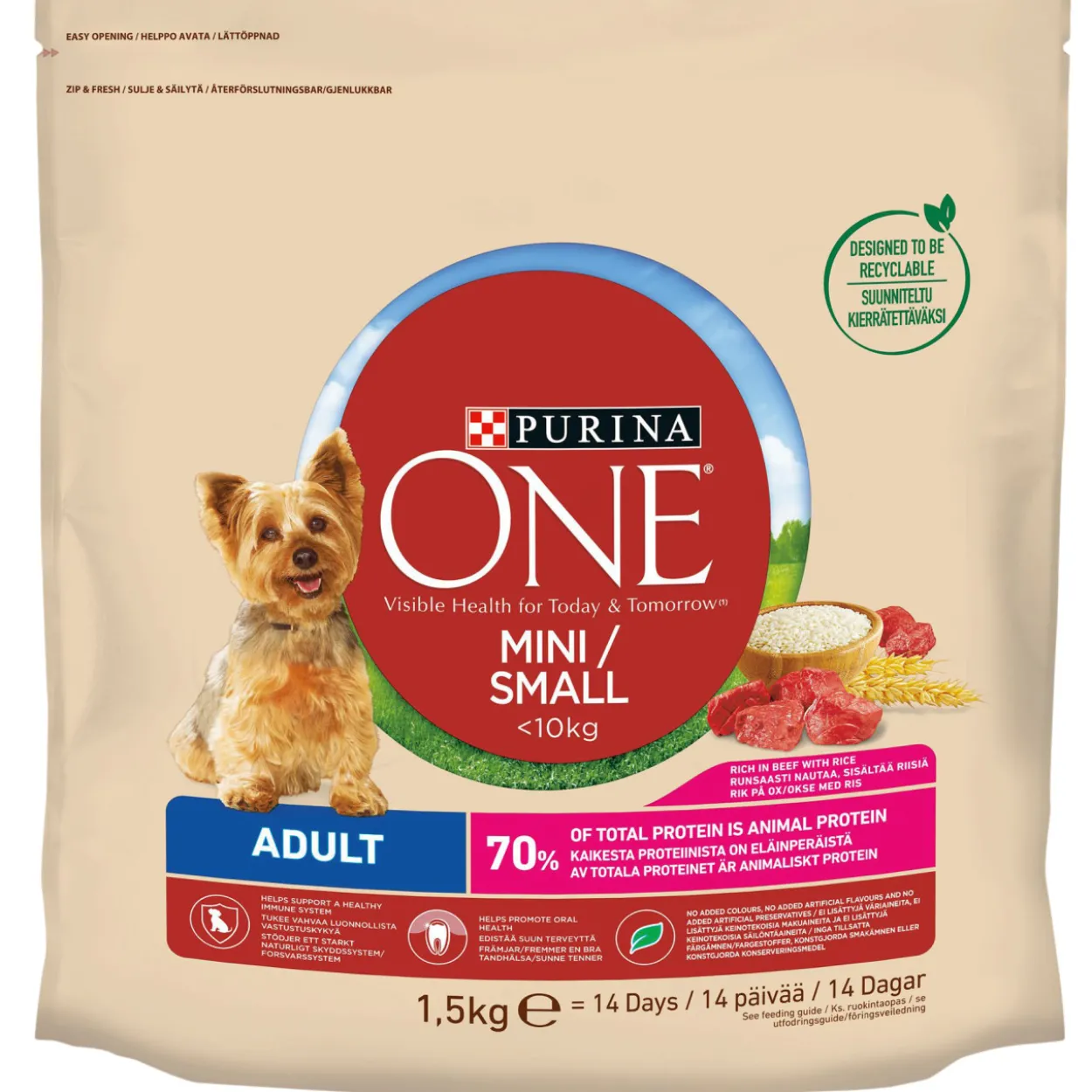 Koiranruoka Purina One 1,5 kg Small Dog Adult nauta+ riisi