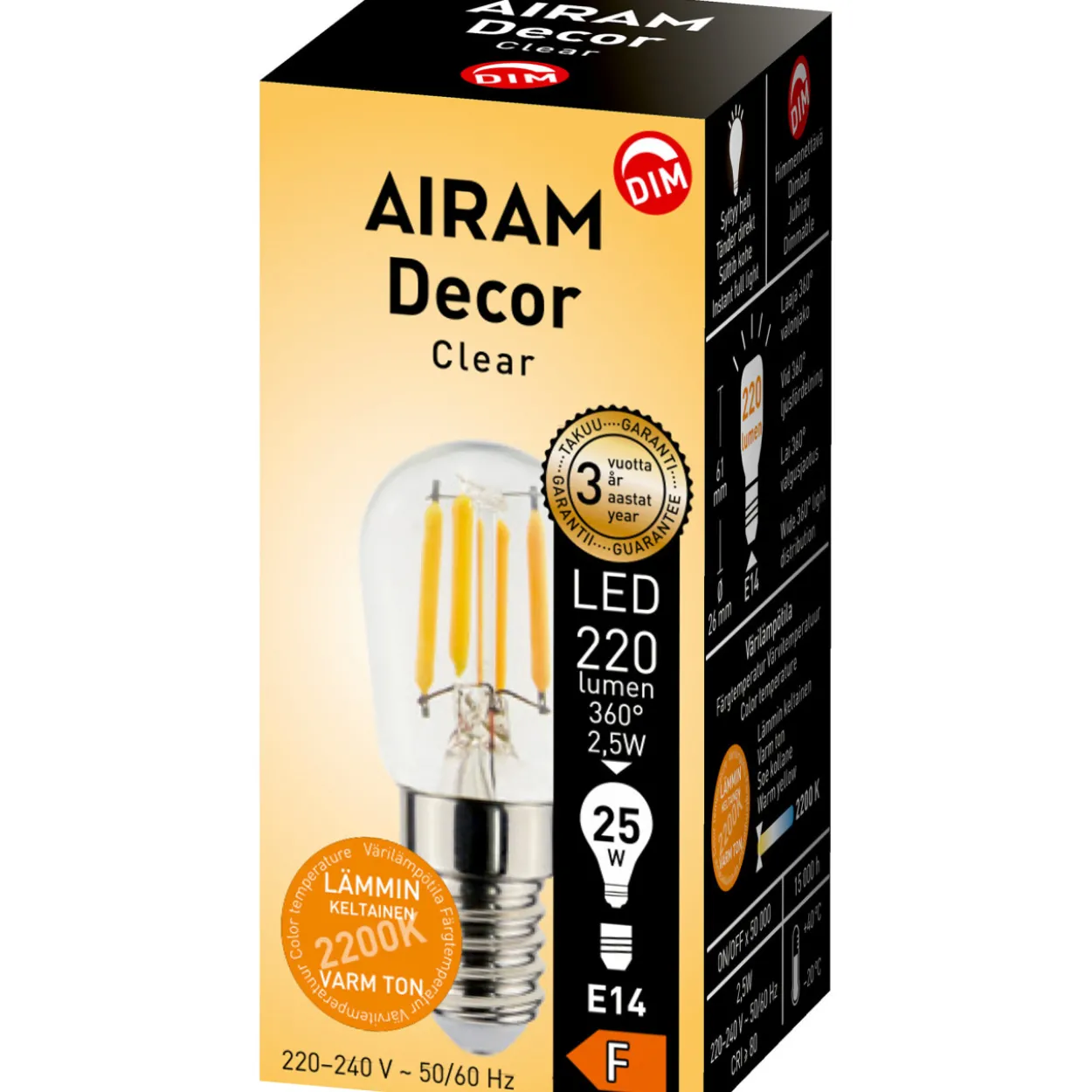 LED-lamppu Airam DECFG T26 822 220 lm E14 FIL DIM
