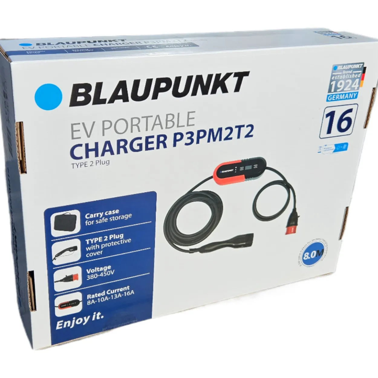 Sähköauton latauslaite säätimellä Blaupunkt P3PM2T2, 8 m, 3-vaihe, voimavirta-Type2